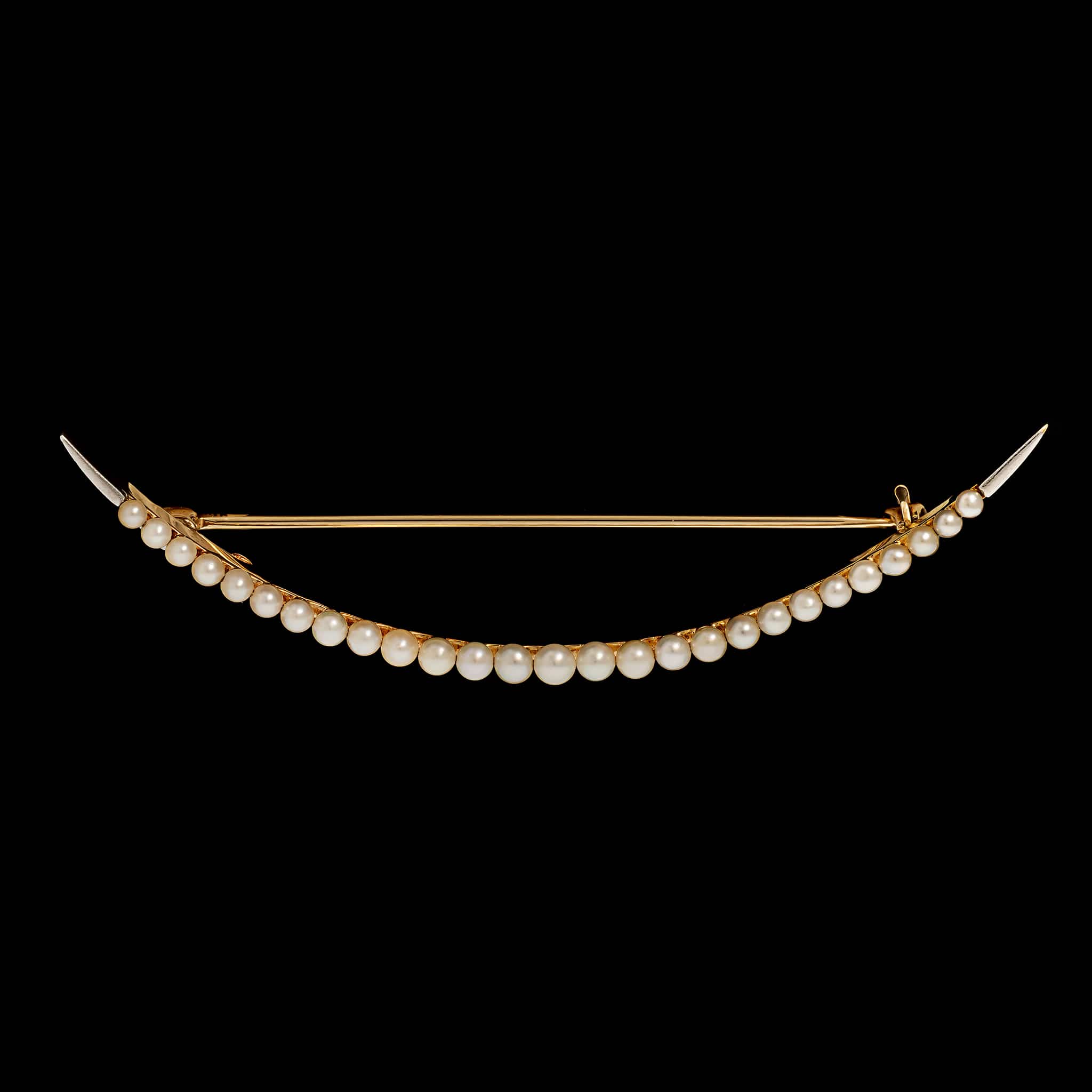 Victorian 14K Yellow Gold &amp; Platinum Estate Seed Pearl Crescent Moon Pin