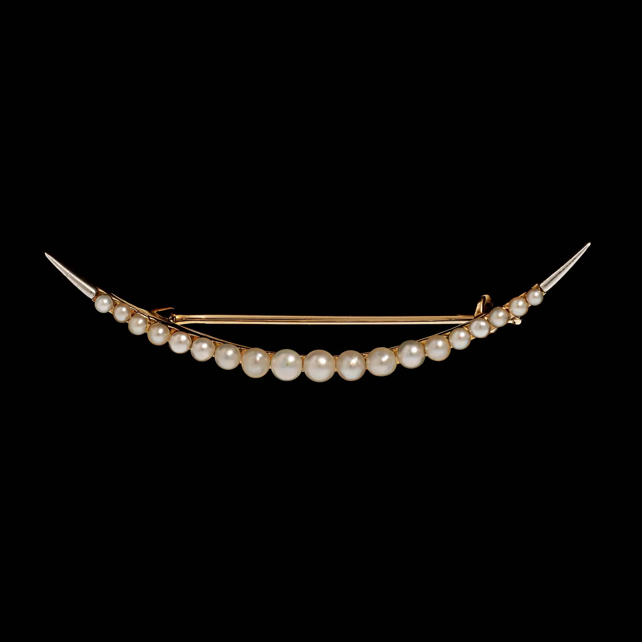 Victorian 14K Yellow Gold & Platinum Seed Pearl Crescent Moon Pin