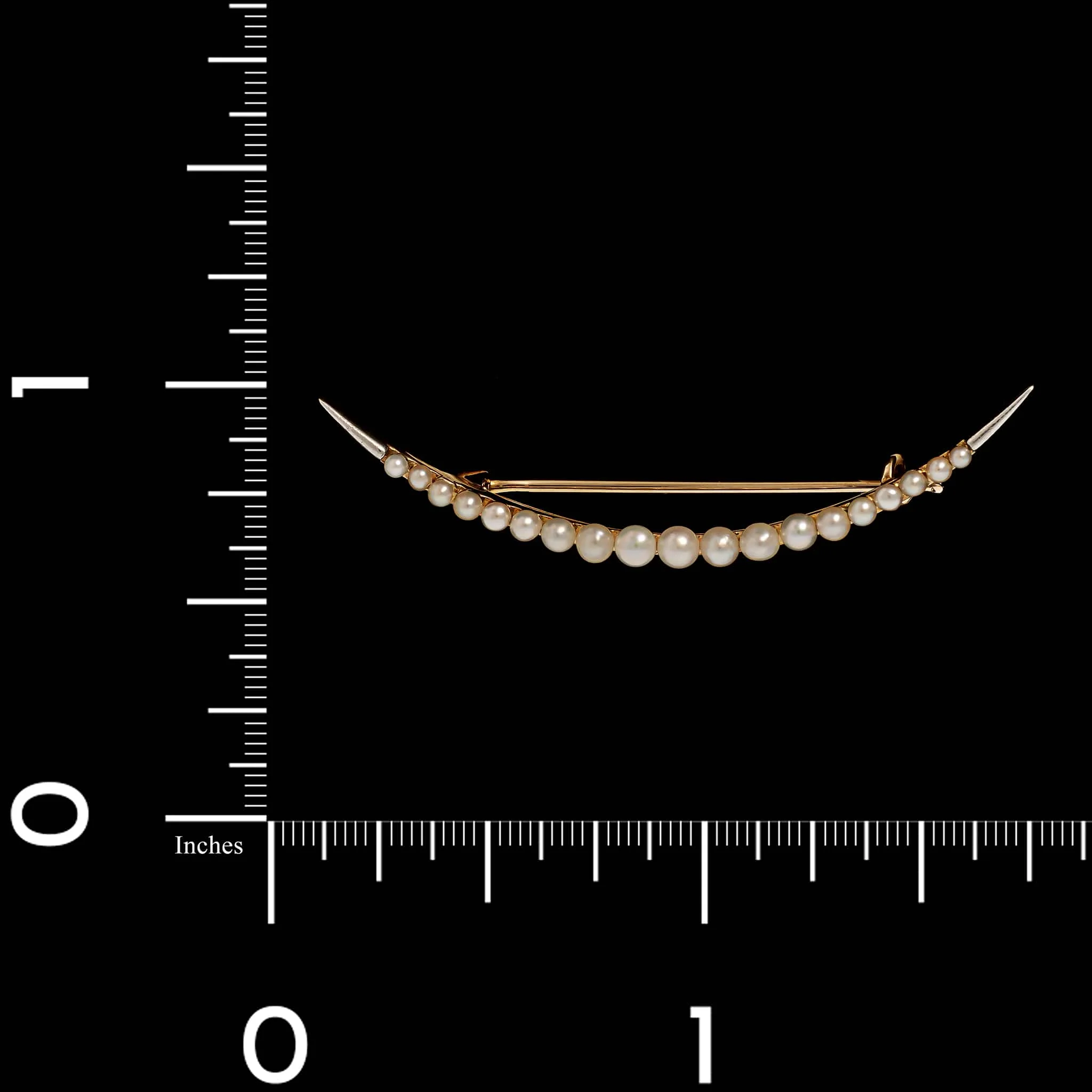 Victorian 14K Yellow Gold & Platinum Seed Pearl Crescent Moon Pin - Image 3