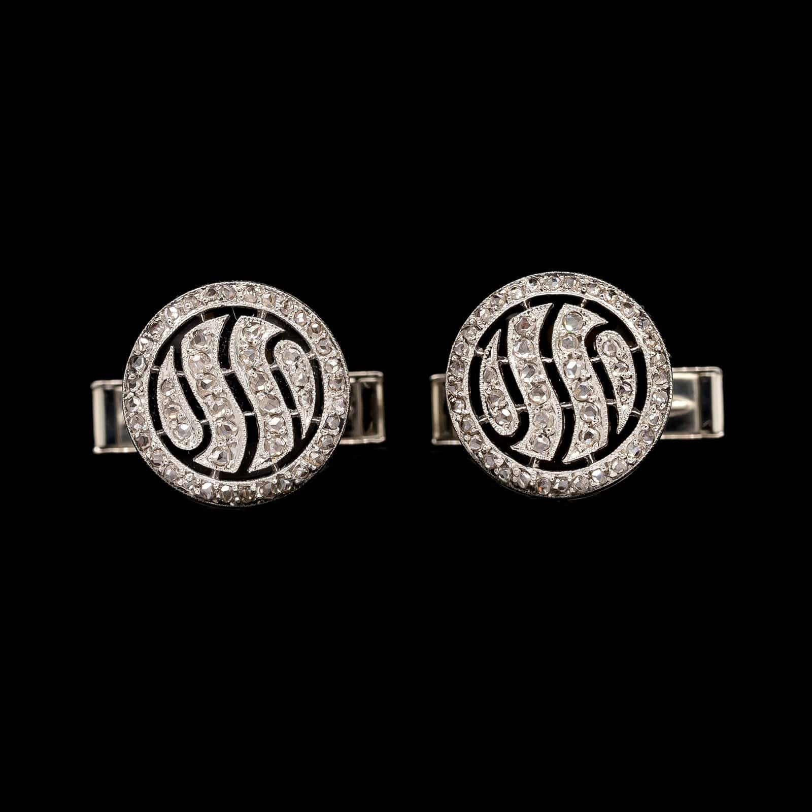 Vintage 14K White Gold Estate Onyx and Diamond Cufflinks
