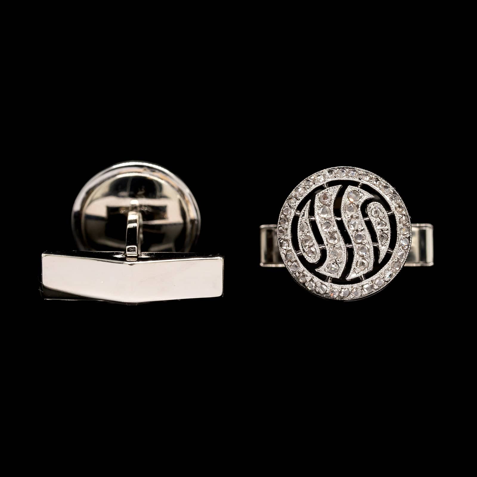 Vintage 14K White Gold Estate Onyx and Diamond Cufflinks - Image 2