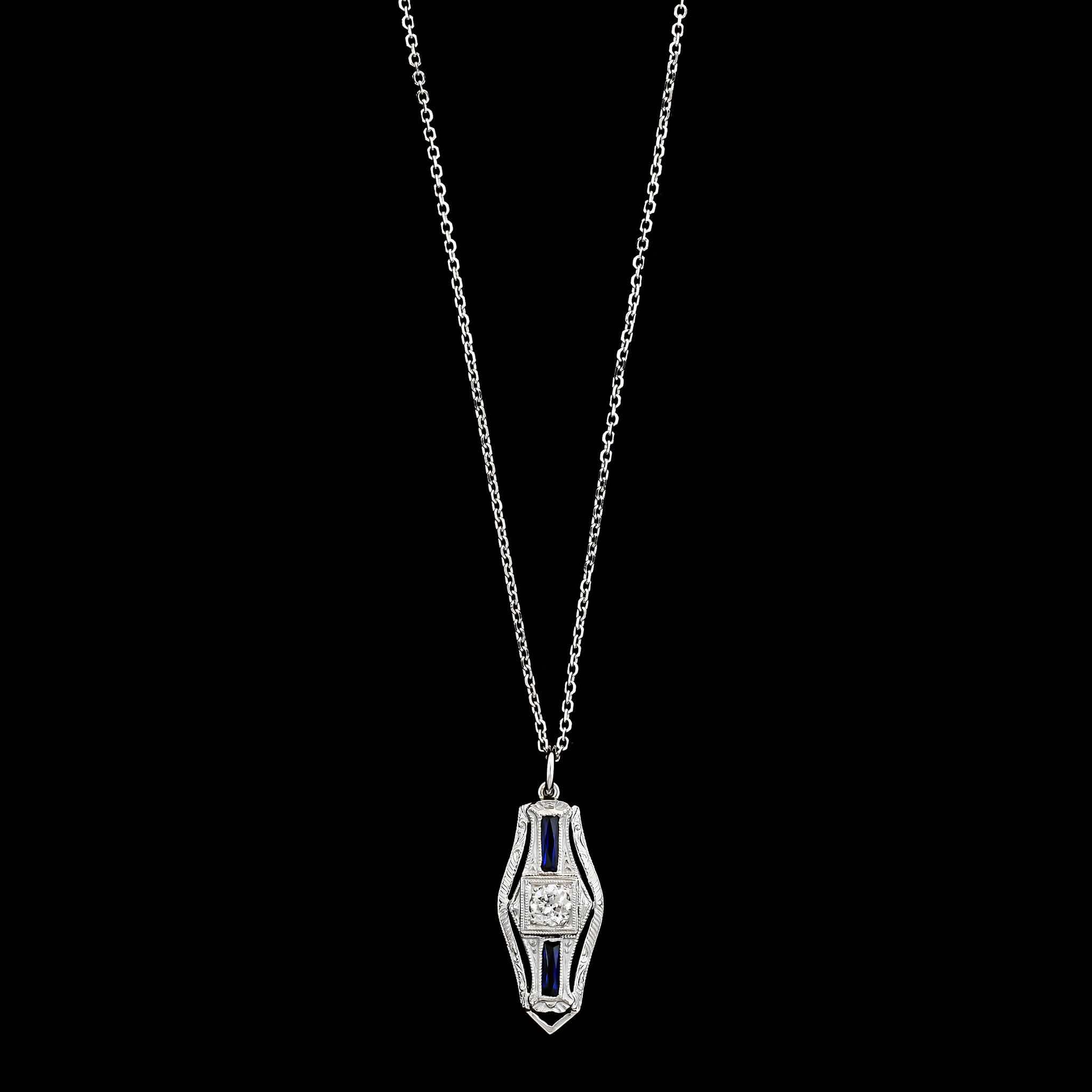 Vintage 14K White Gold Estate Synthetic Sapphire and Diamond Pendant Necklace