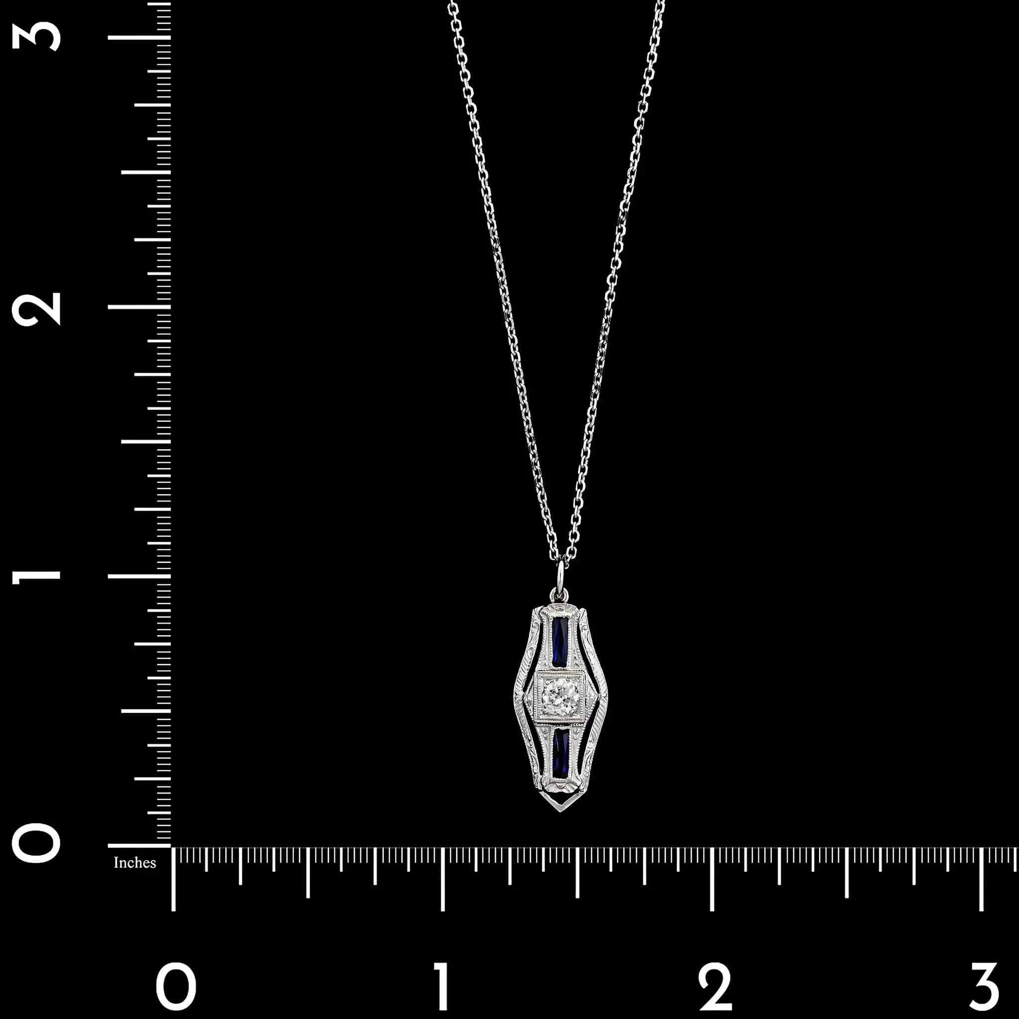 Vintage 14K White Gold Estate Synthetic Sapphire and Diamond Pendant Necklace - Image 4