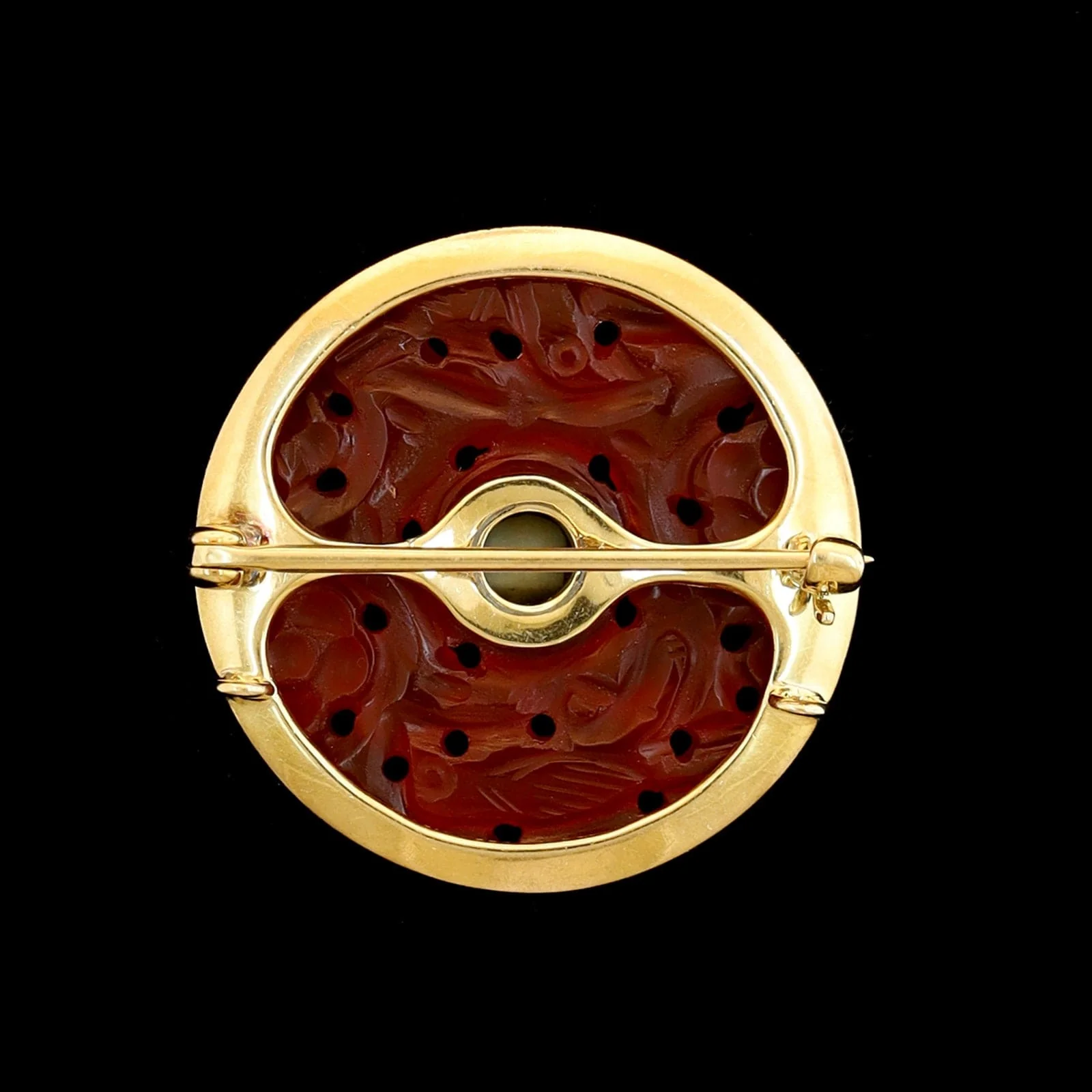Vintage 14K Yellow Gold Estate Carved Carnelian and Cat's Eye Chrysoberyl Pin - Image 2