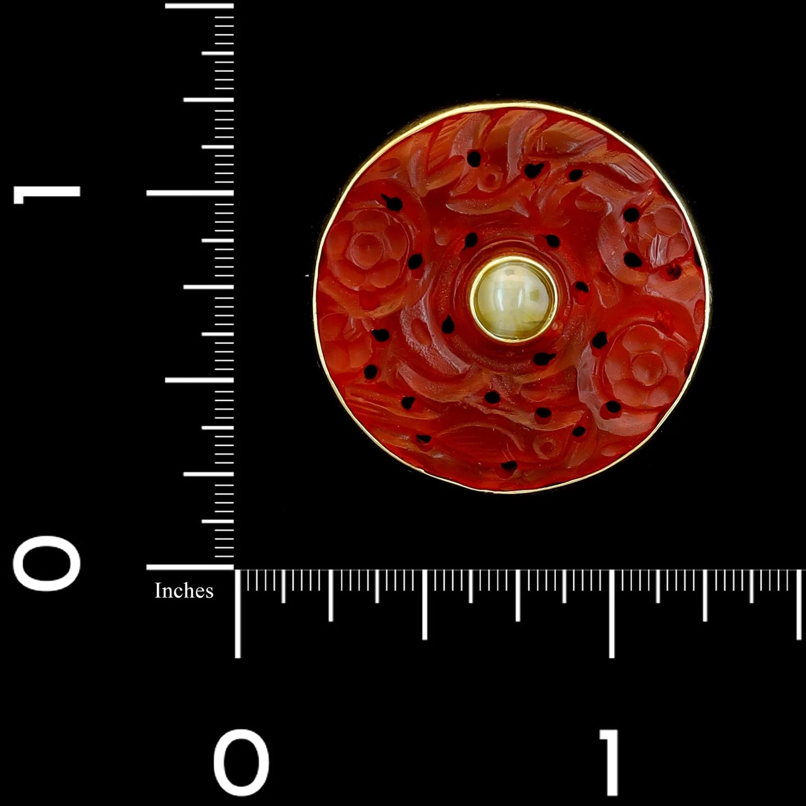 Vintage 14K Yellow Gold Estate Carved Carnelian and Cat's Eye Chrysoberyl Pin - Image 3