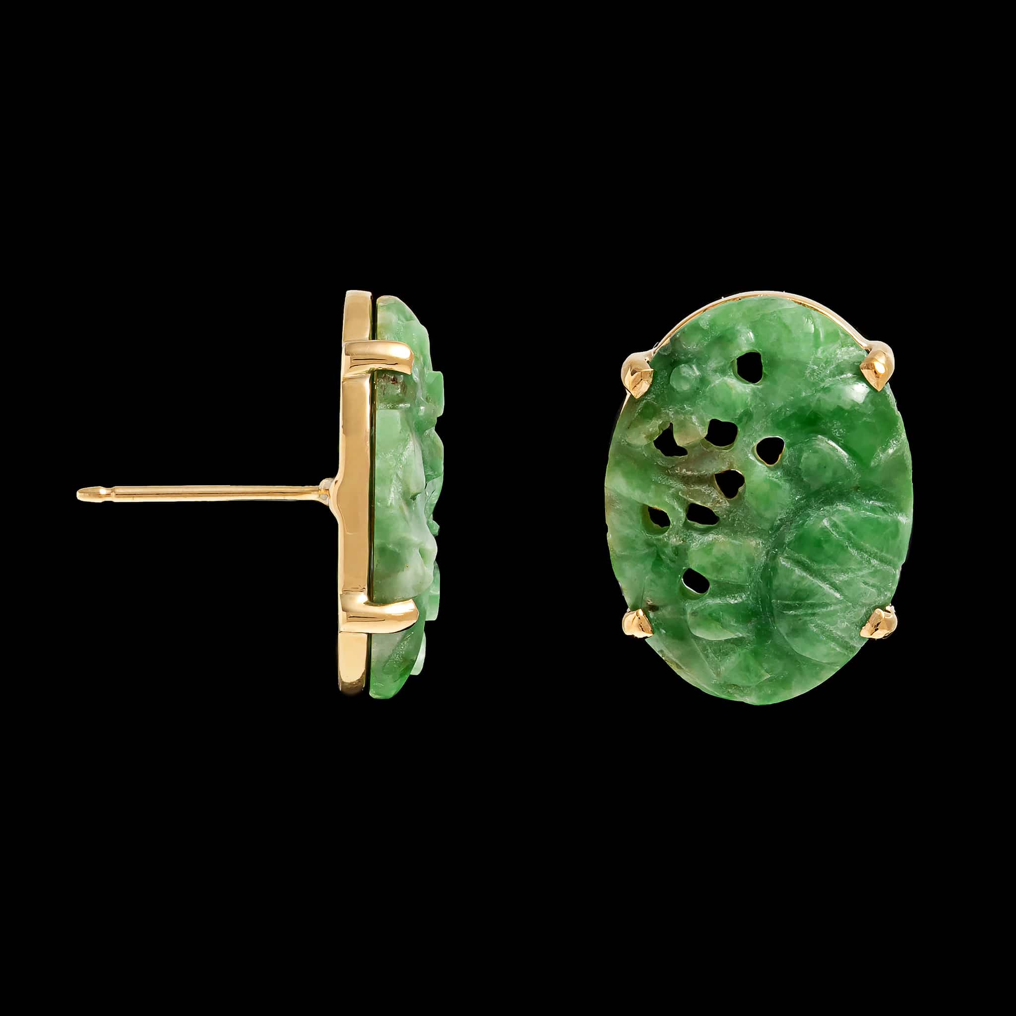 Vintage 14K Yellow Gold Estate Carved Jadeite Earrings
