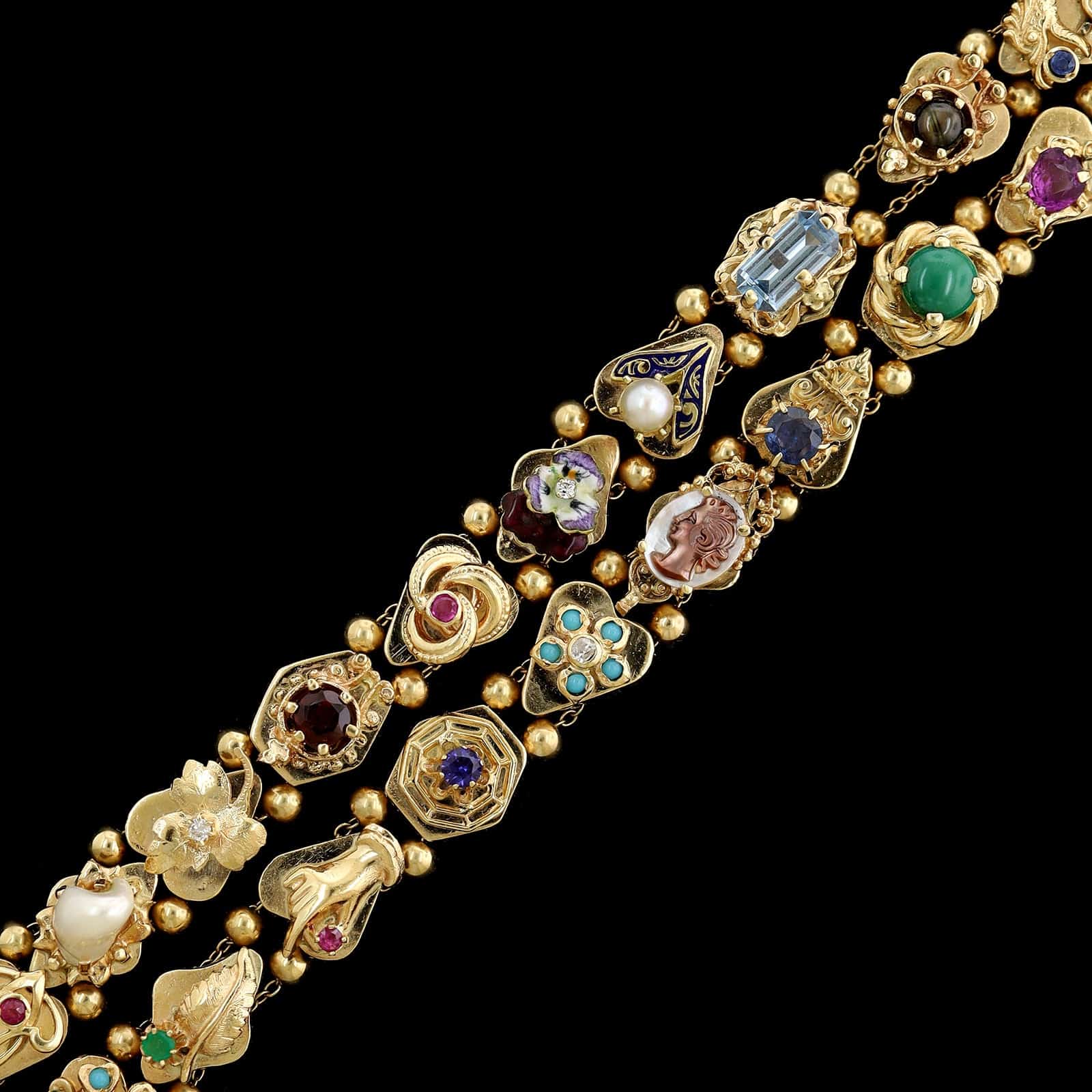 Vintage 14K Yellow Gold Estate Gem-set Two Row Slide Charm Bracelet - Image 3