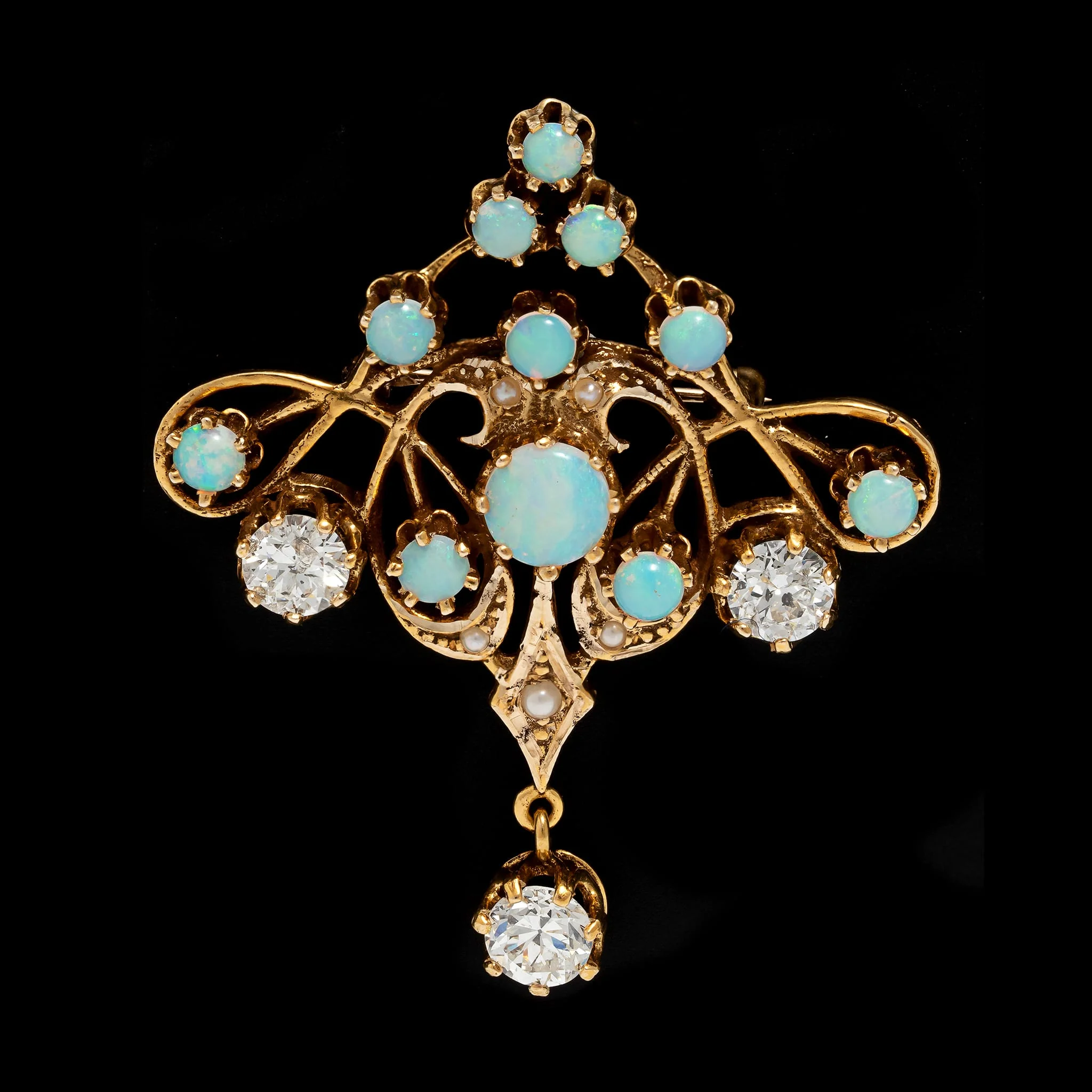 Vintage 14K Yellow Gold Estate Opal and Diamond Pin Pendant