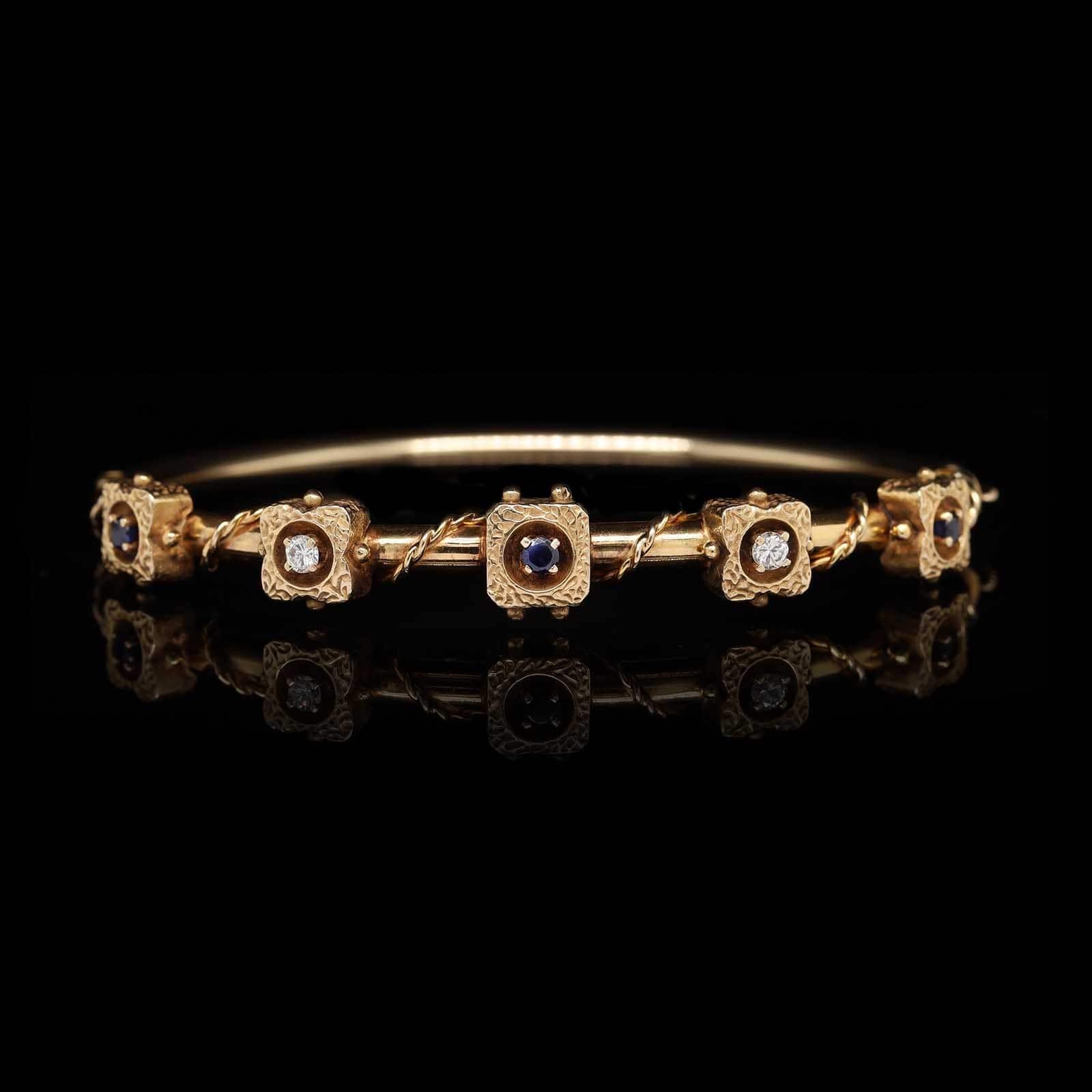 Vintage 14K Yellow Gold Estate Sapphire and Diamond Bangle