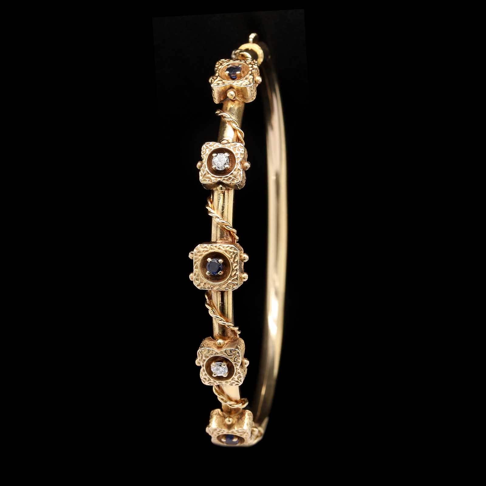 Vintage 14K Yellow Gold Estate Sapphire and Diamond Bangle - Image 2
