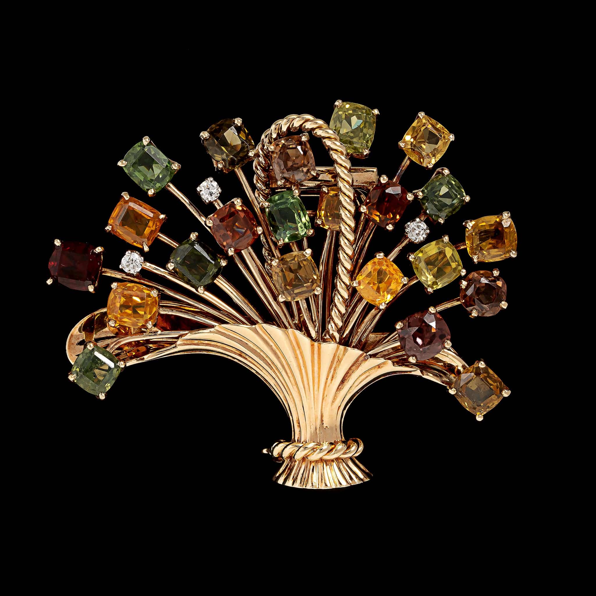 Vintage 14K Yellow Gold Estate Zircon and Diamond Flower Basket Brooch