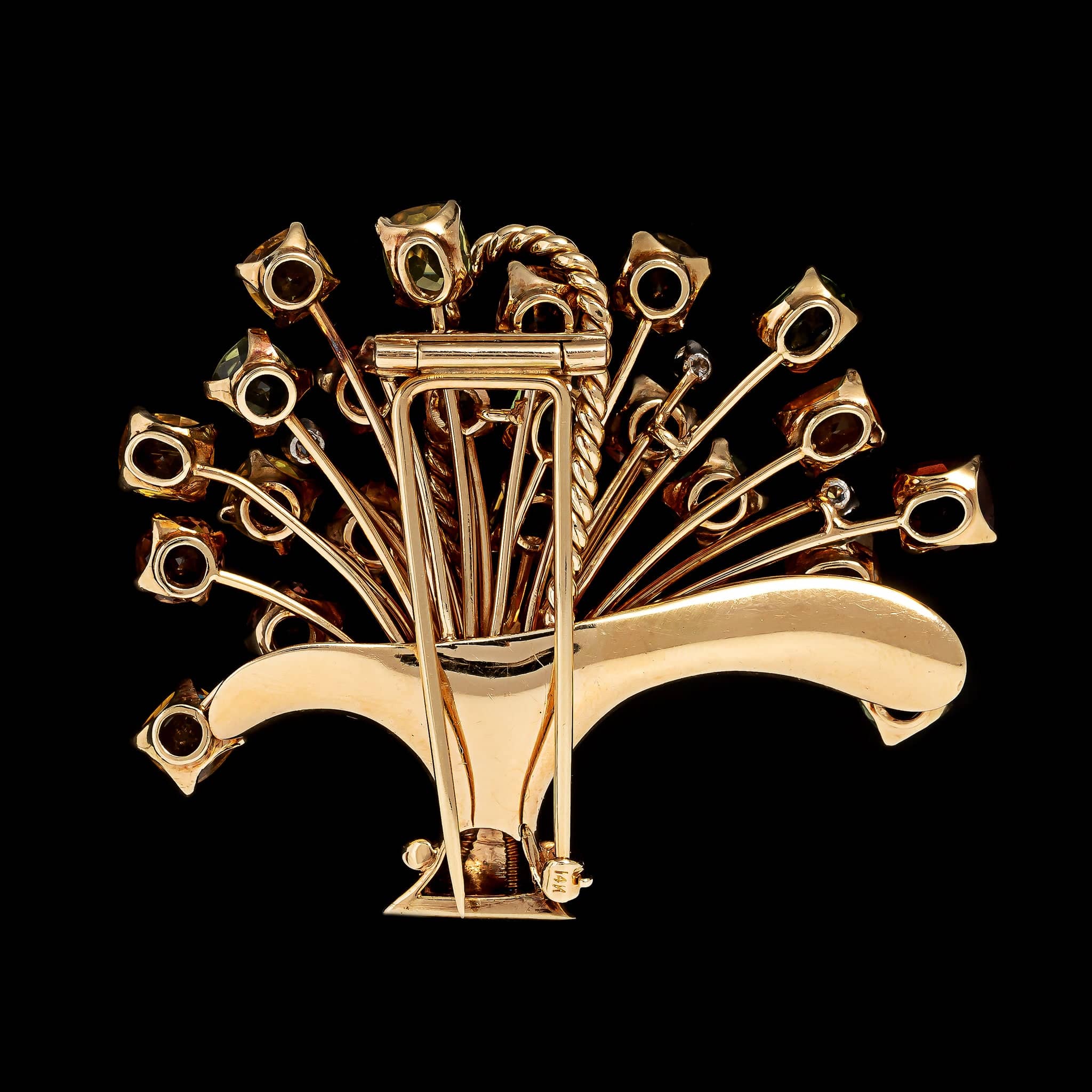 Vintage 14K Yellow Gold Estate Zircon and Diamond Flower Basket Brooch - Image 2