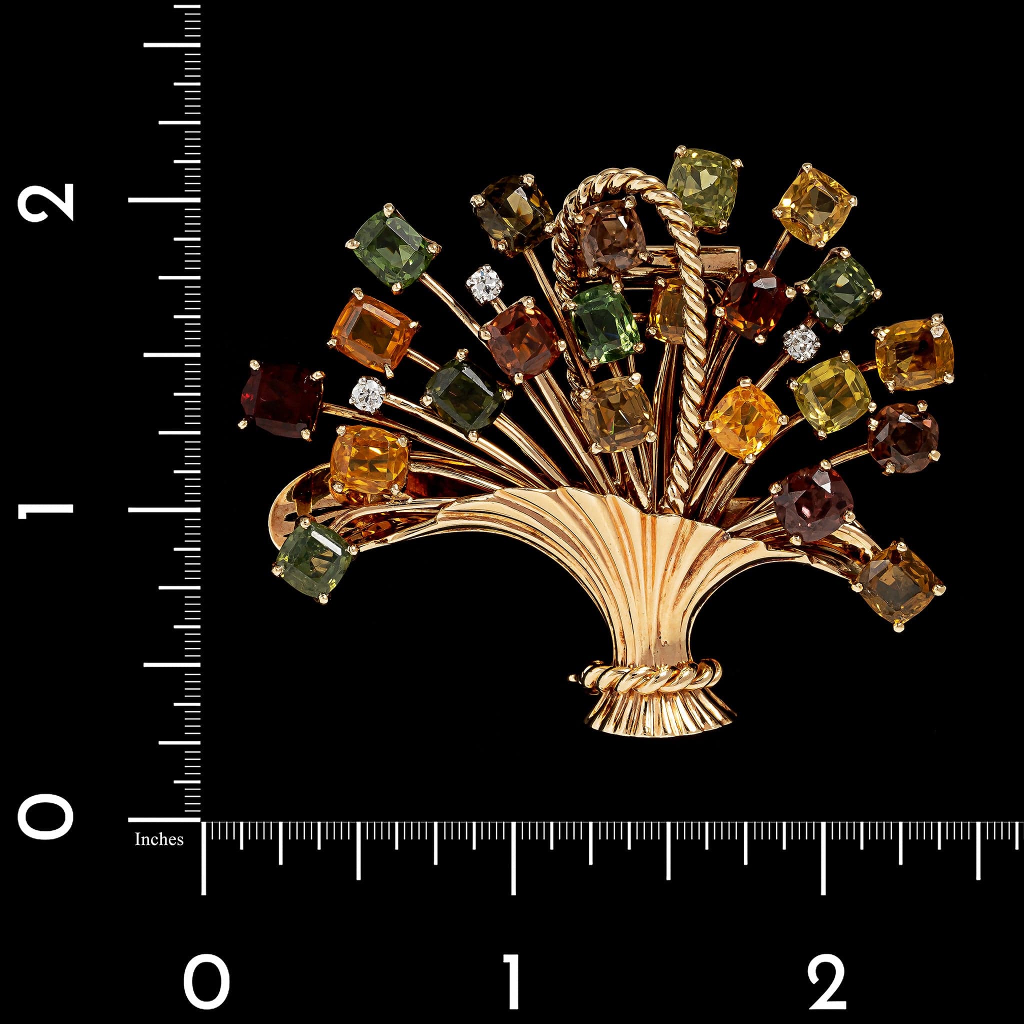 Vintage 14K Yellow Gold Estate Zircon and Diamond Flower Basket Brooch - Image 3