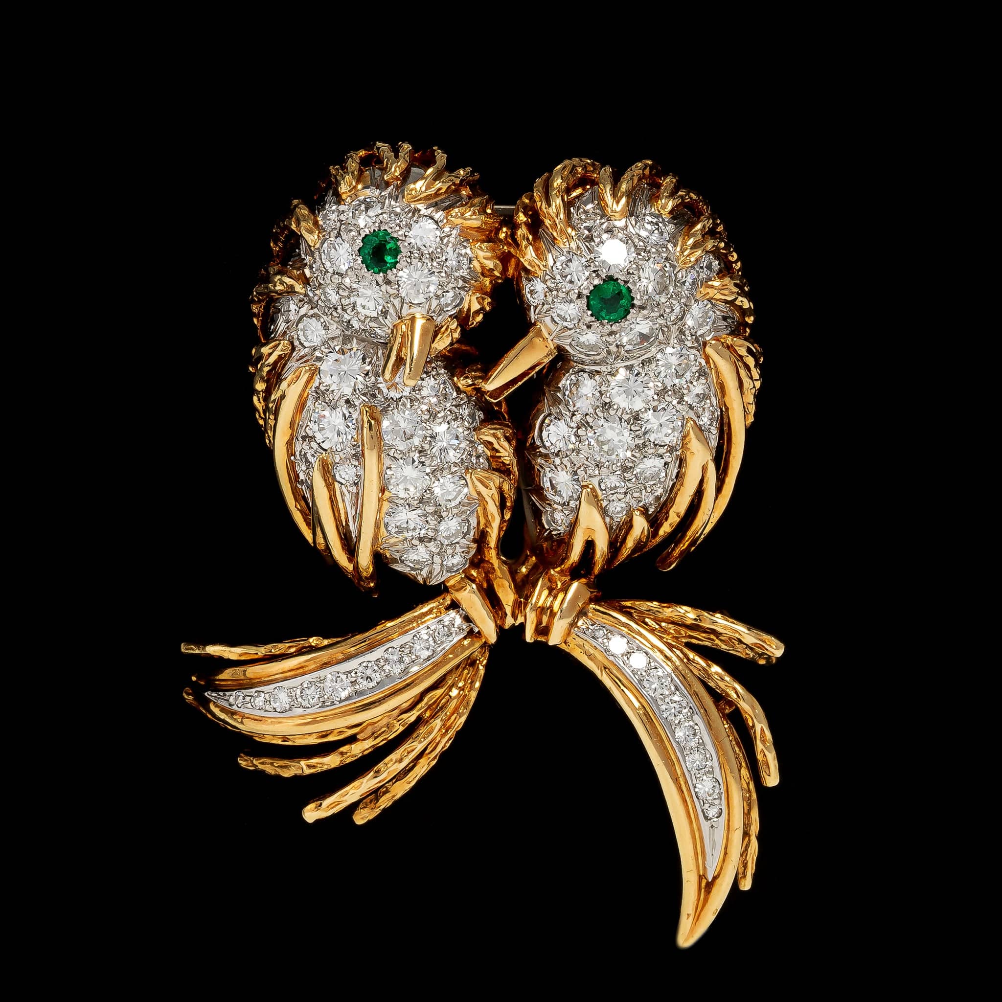Vintage 18K Two-tone Gold Estate Diamond Lovebirds Brooch