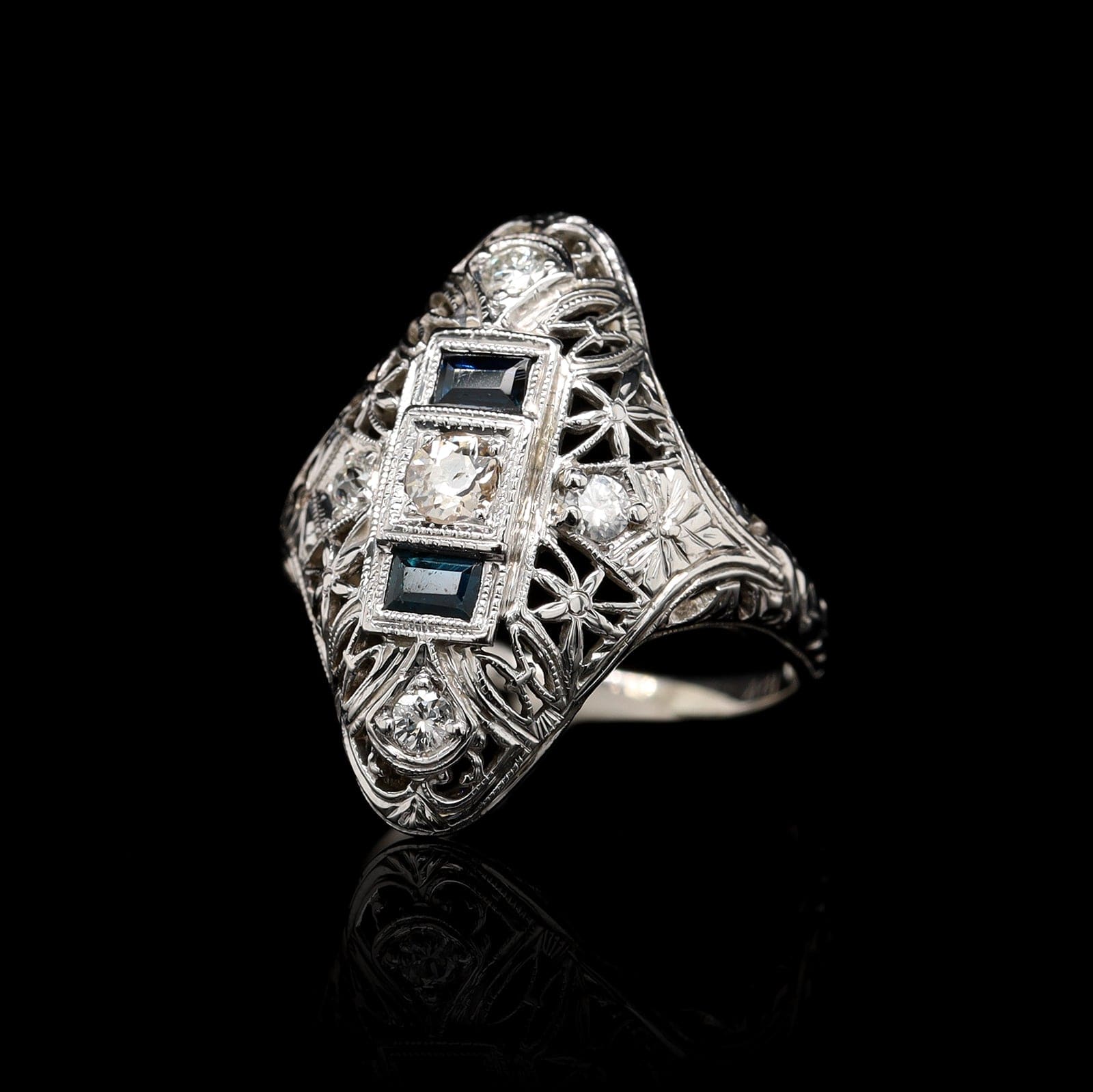 Vintage 18K White Gold Estate Sapphire and Diamond Filigree Ring