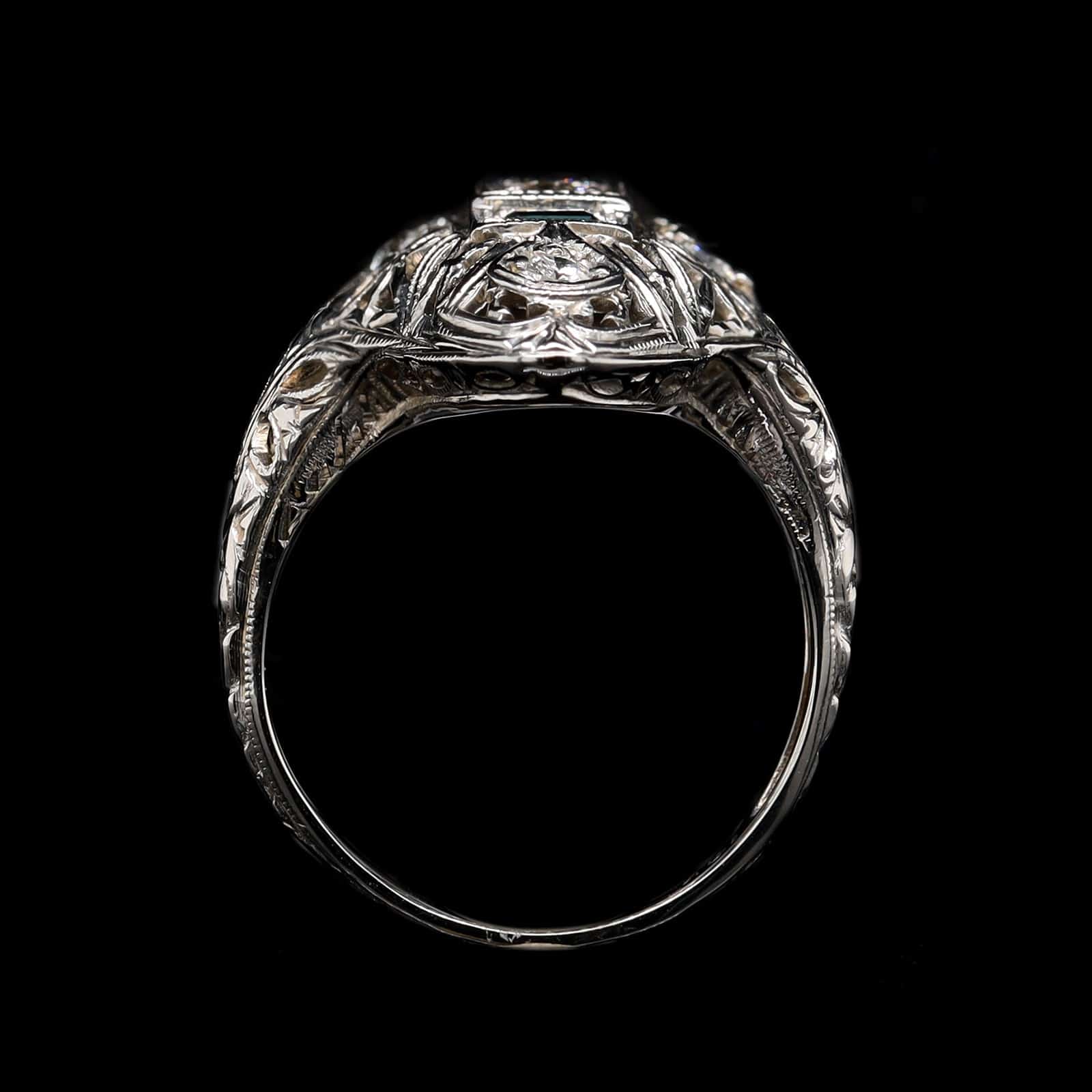 Vintage 18K White Gold Estate Sapphire and Diamond Filigree Ring - Image 3