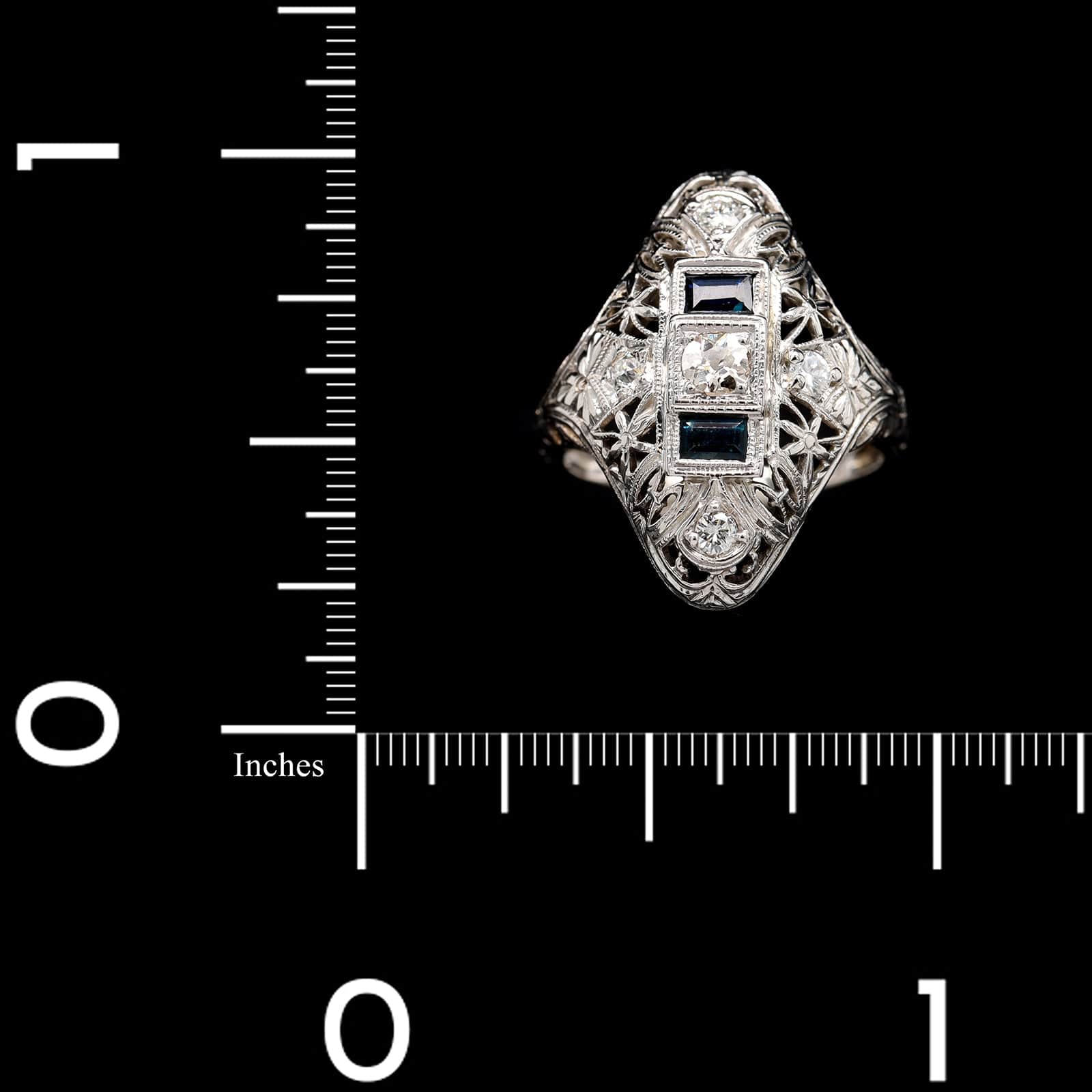 Vintage 18K White Gold Estate Sapphire and Diamond Filigree Ring - Image 4