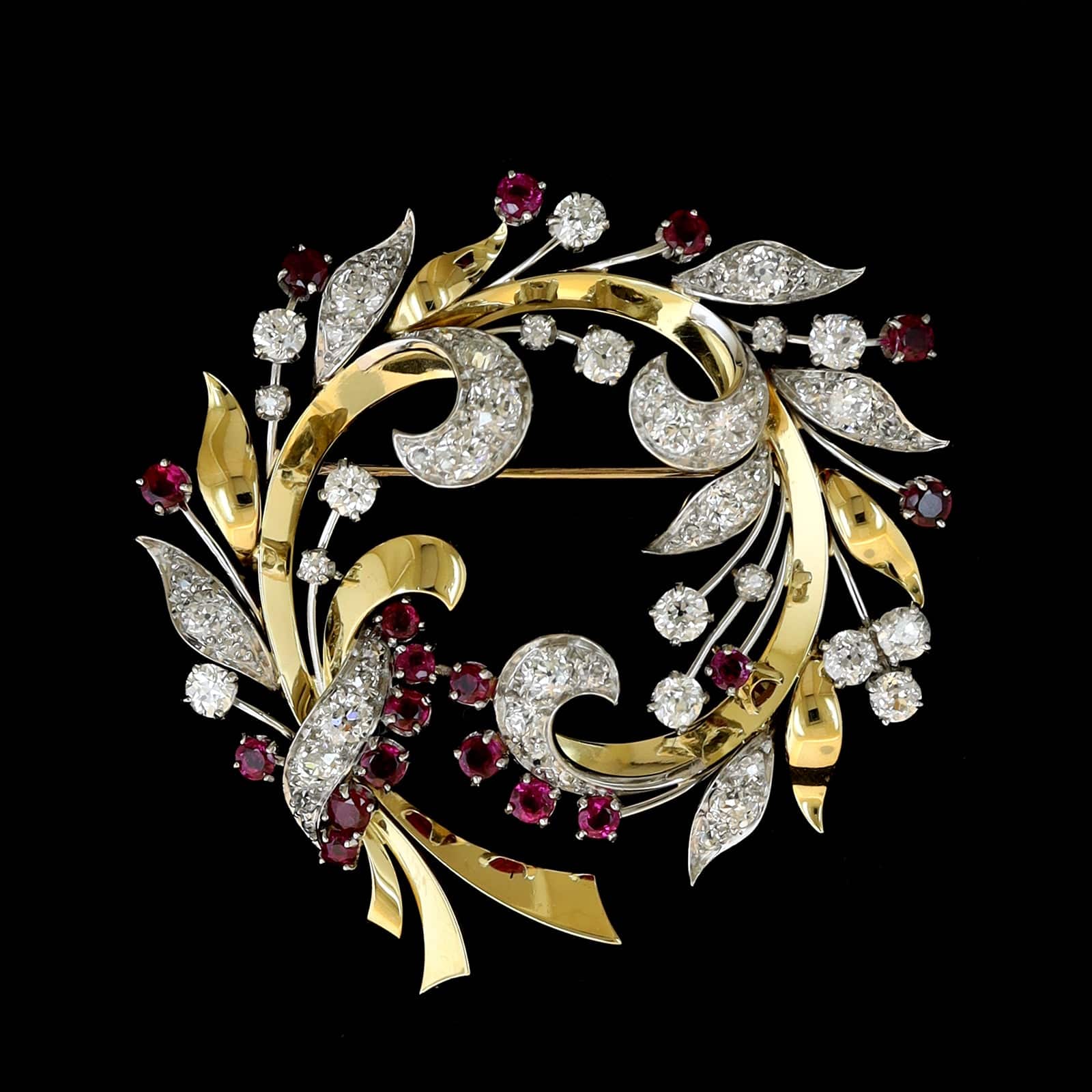 Vintage 18K Yellow Gold and Platinum Estate Ruby and Diamond Pin