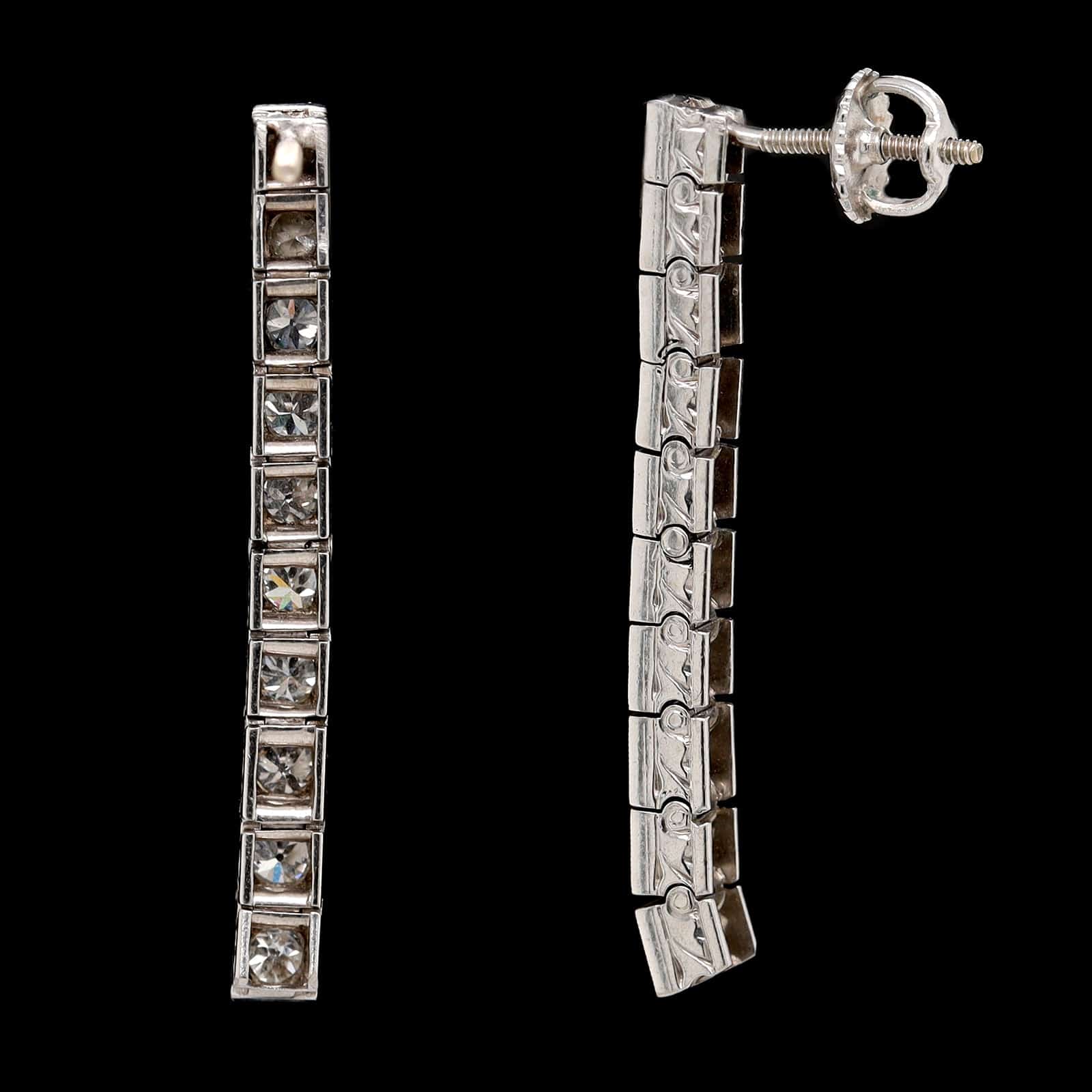 Vintage Art Deco 14K White Gold Estate Diamond Drop Earrings - Image 2