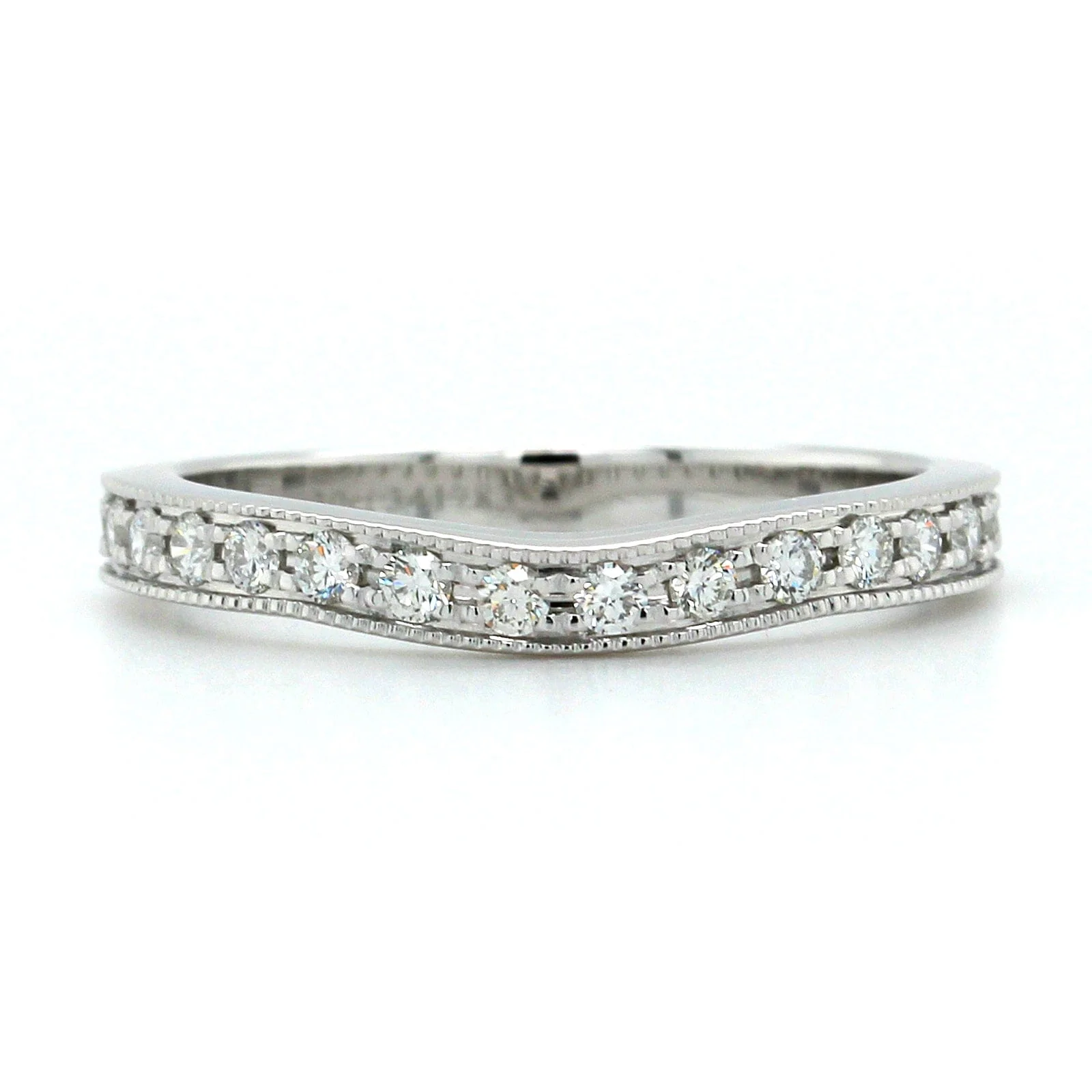 18K White Gold Small Curve Milgrain Diamond Band - Image 5