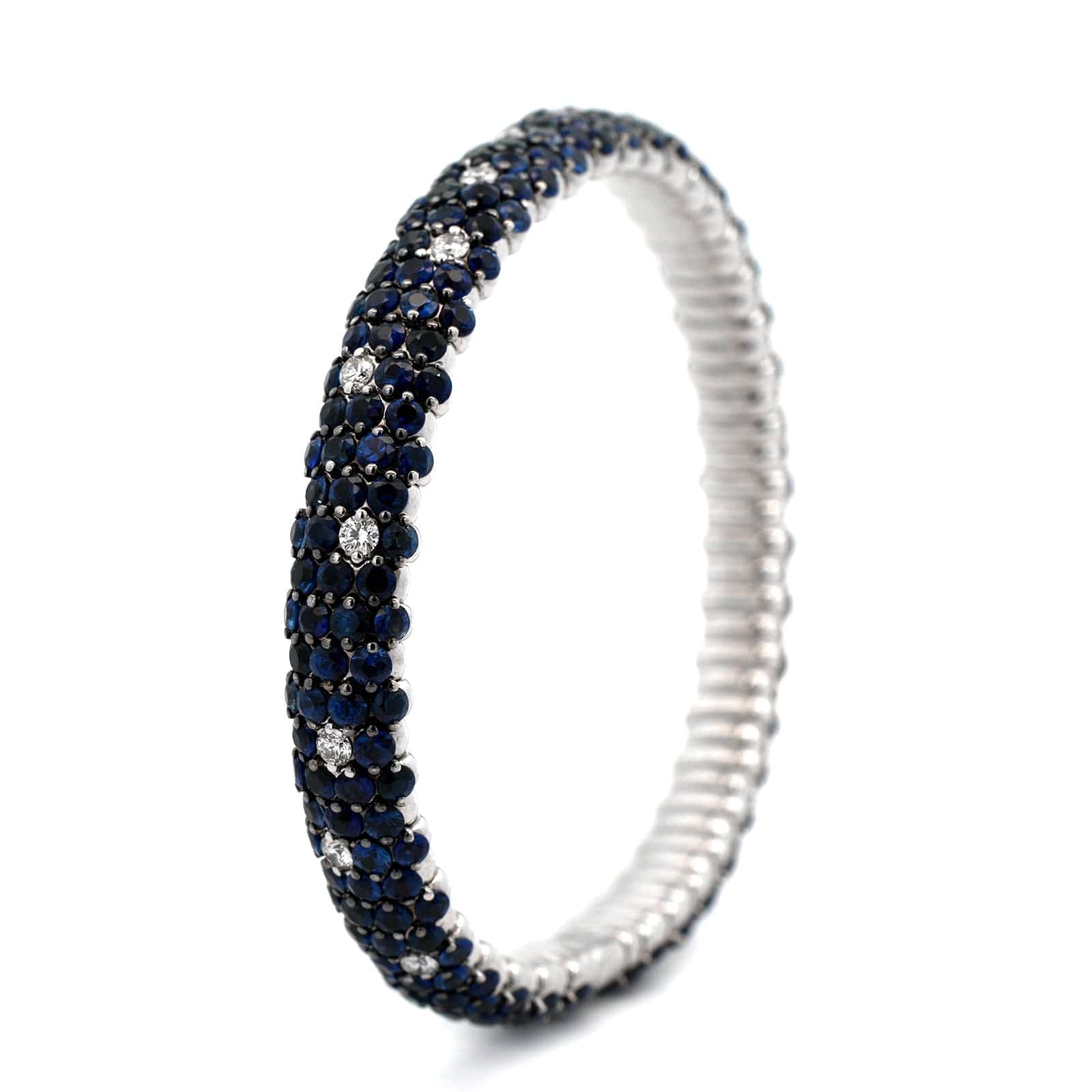 Zydo 18K White Gold Diamond and Blue Sapphire Stretch Bracelet - Image 2