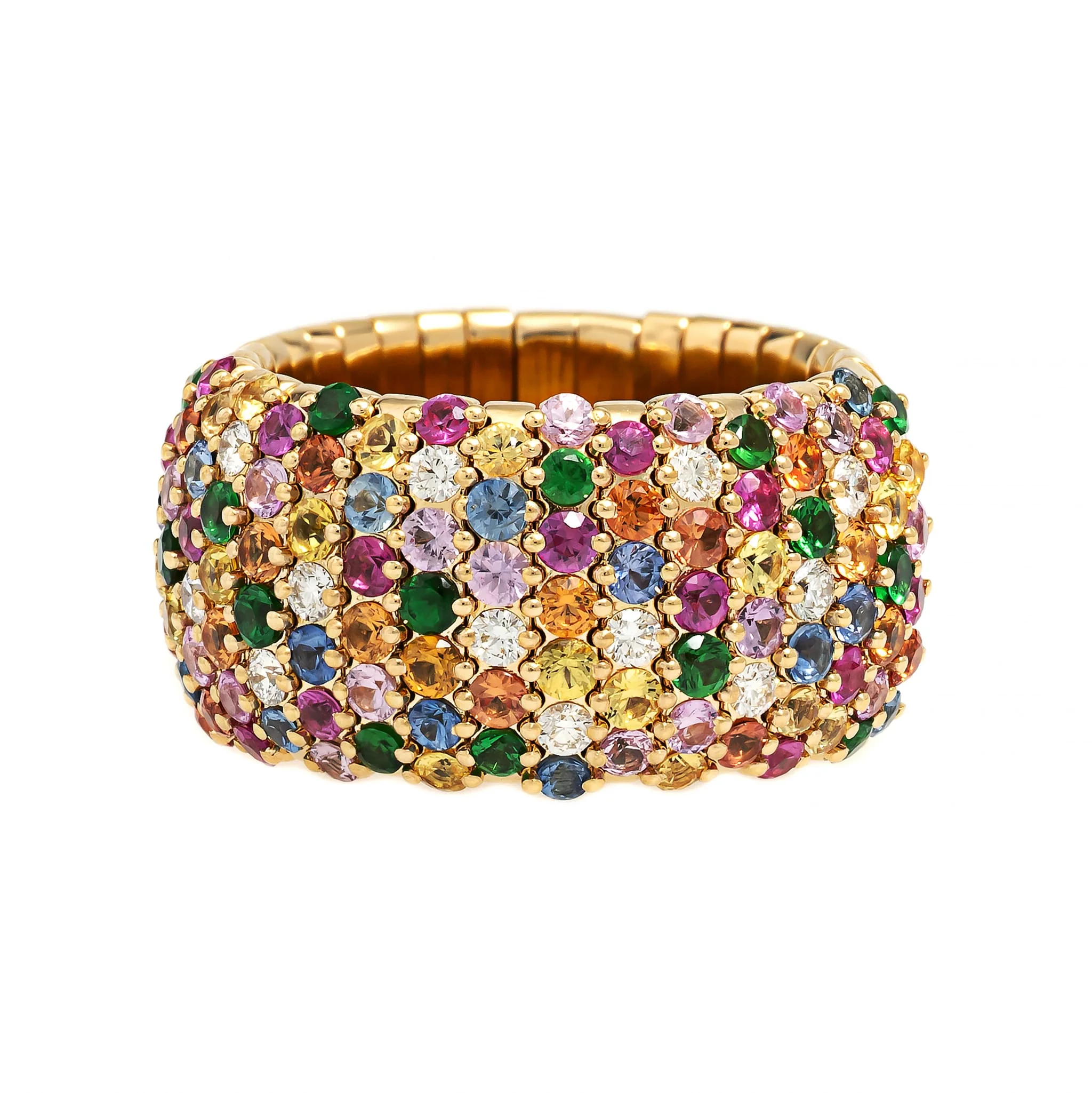 Zydo 18K Yellow Gold Multi Color Sapphire and Diamond Stretch Ring