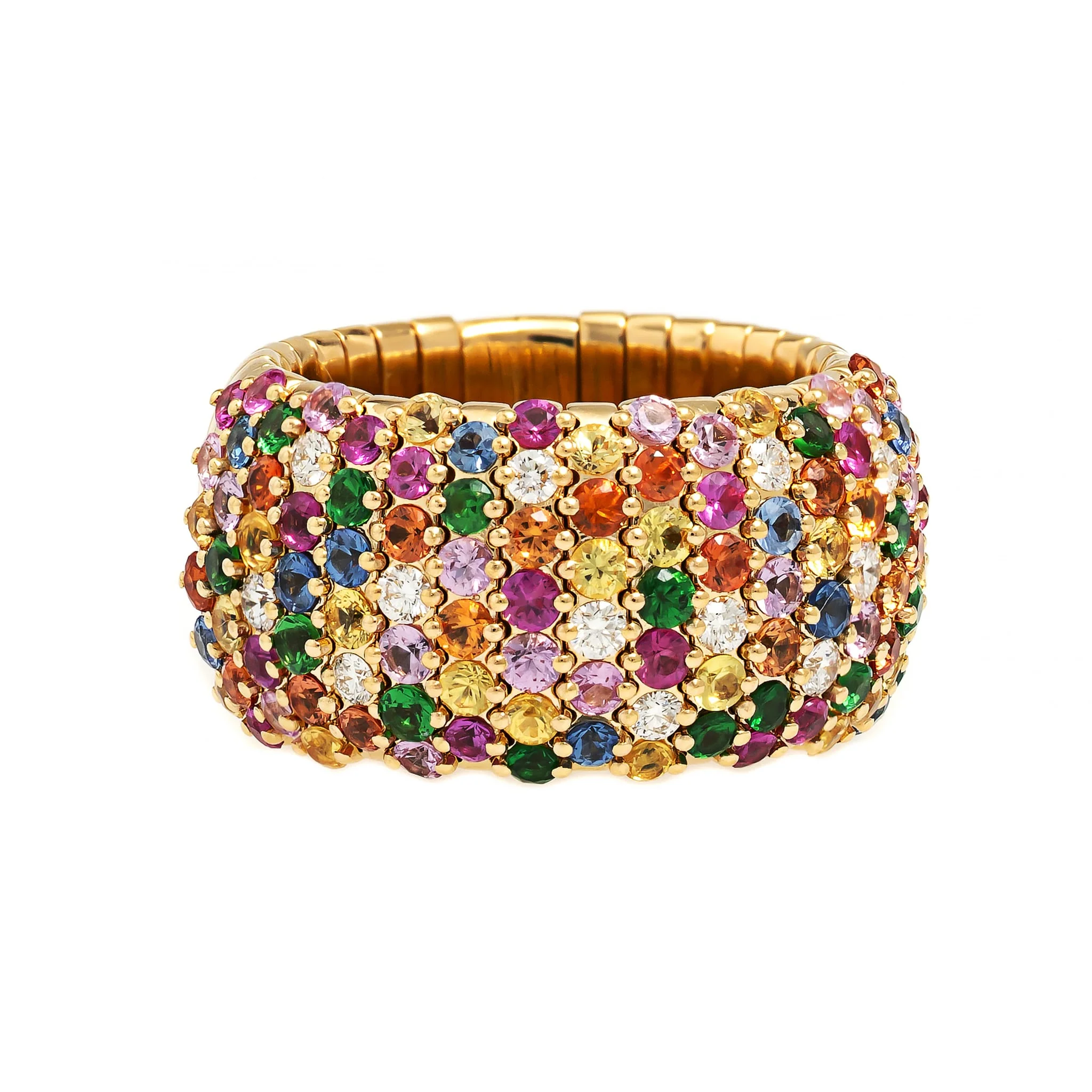 Zydo 18K Yellow Gold Multi Color Sapphire and Diamond Stretch Ring