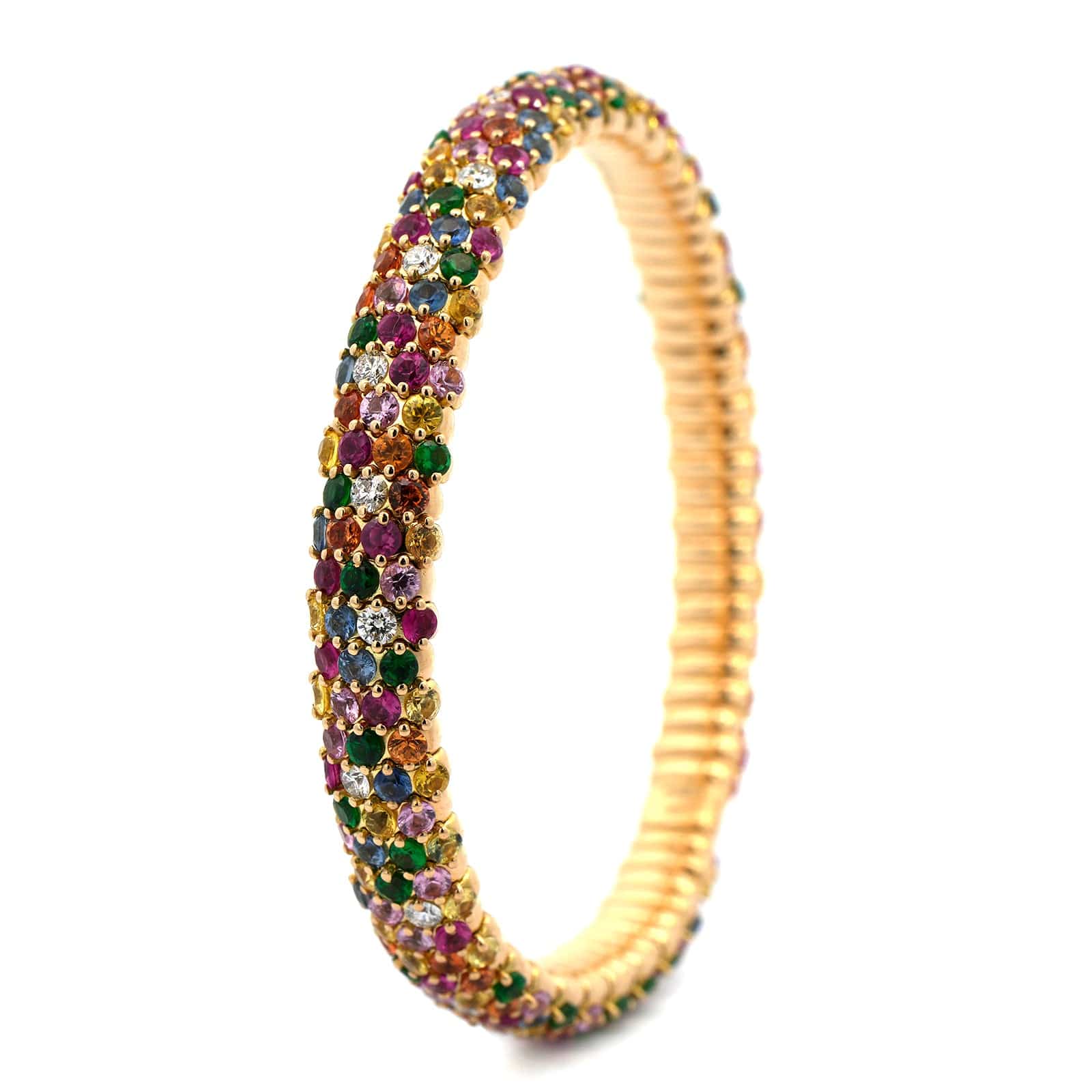 Zydo 18K Yellow Gold Pave Set Diamond, Sapphire, and Multi Gem Stretch Bracelet - Image 2